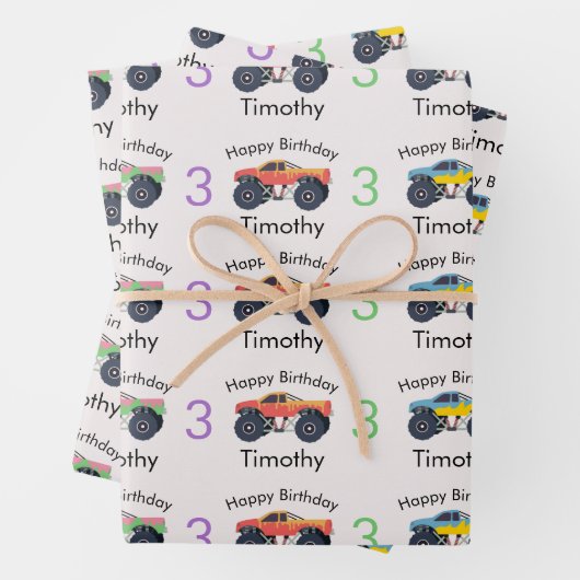 モンスタートラックボーイズネーム&エイジ誕生日 ラッピングペーパーシート (インサイチュ)
