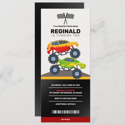モンスタートラックボーイレーシング誕生日ジャムチケット 招待状 (正面/裏面)