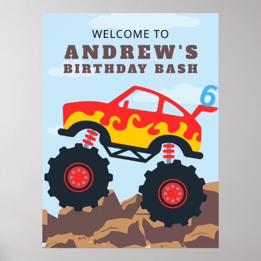 モンスタートラックボーイ誕生日パーティー歓迎サイン ポスター (正面)