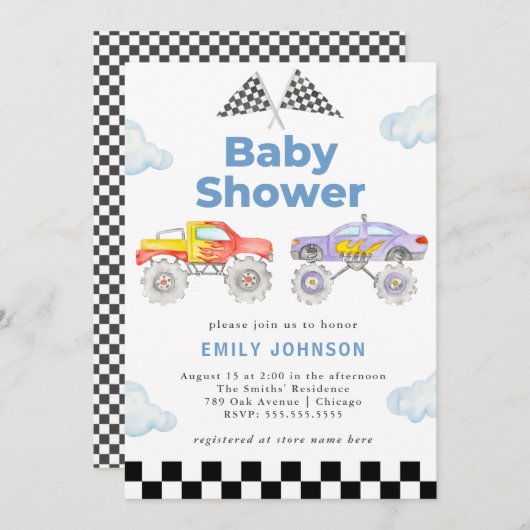モンスタートラックボーイ赤ちゃんシャワー招待状 招待状 (正面/裏面)
