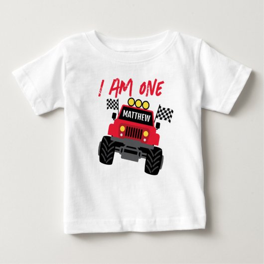 モンスタートラックボーイ1歳の誕生日パーソナライズされた ベビーTシャツ (正面)