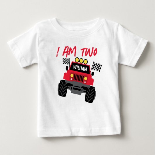 モンスタートラックボーイ2歳の誕生日パーソナライズされた ベビーTシャツ (正面)