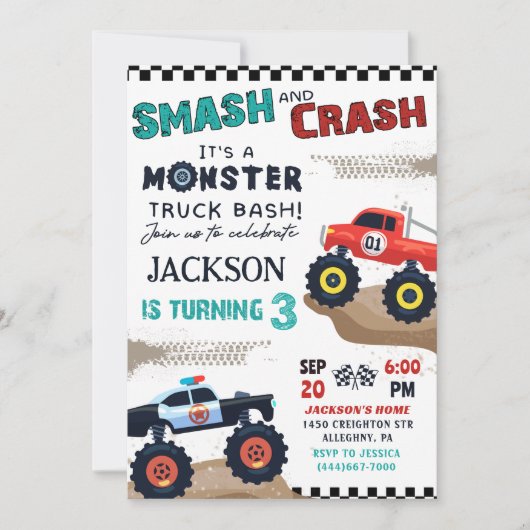 モンスタートラックボーイ3歳の誕生日パーティの招待状 招待状 (正面)
