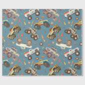 モンスタートラックモダンブルーボーイズ炎パターン ラッピングペーパー (フラット)