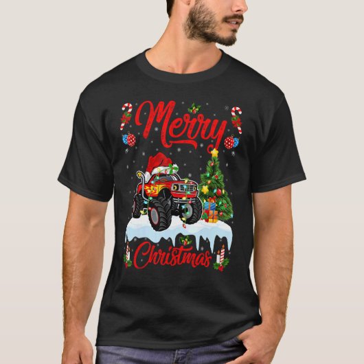 モンスタートラックライトクリスマスツリーサンタモンスタートラック Tシャツ (正面)