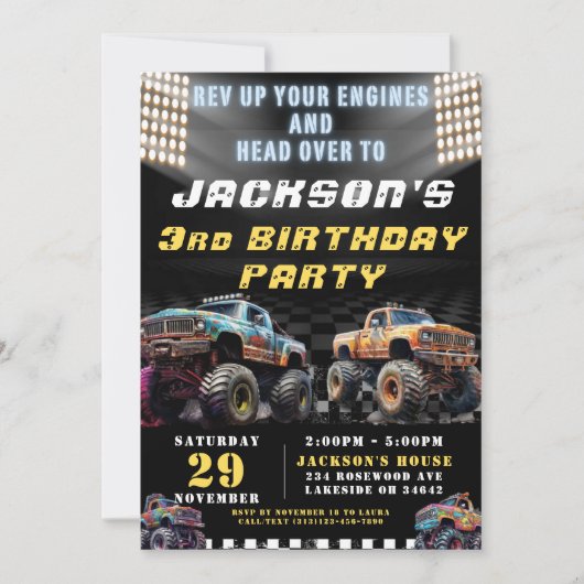 モンスタートラックラリーをテーマにした男の子の誕生日パーティー 招待状 (正面)