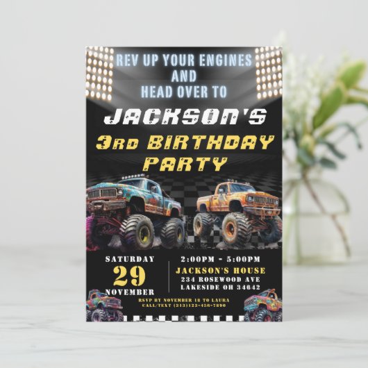 モンスタートラックラリーをテーマにした男の子の誕生日パーティー 招待状 (スタンド正面)