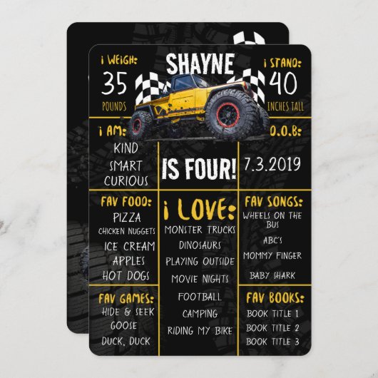 モンスタートラックラリー誕生日パーティーマイルストーンサイン 招待状 (正面/裏面)