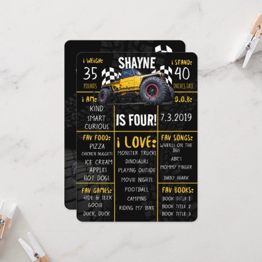 モンスタートラックラリー誕生日パーティーマイルストーンサイン 招待状 (正面/裏面インサイチュ)