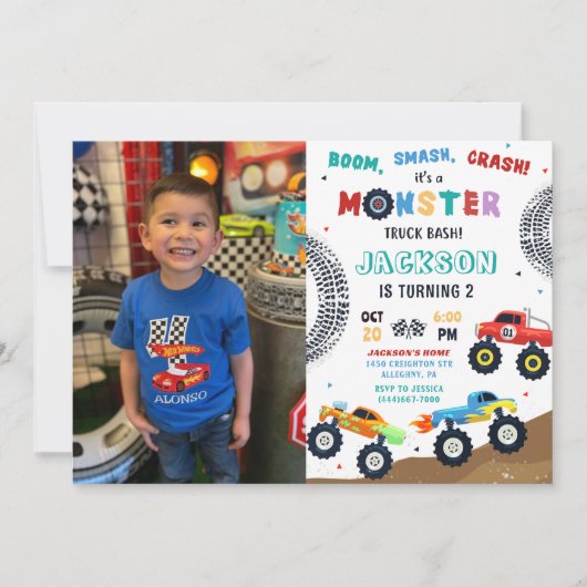 モンスタートラックレーシングカー子供の誕生日写真 招待状 (正面)