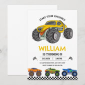 モンスタートラックレースの誕生日パーティー招待状（男子向け） (正面/裏面)