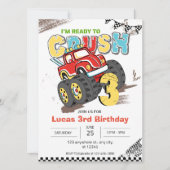 モンスタートラック三歳の誕生日の男の子をつぶす準備ができている 招待状 (正面)