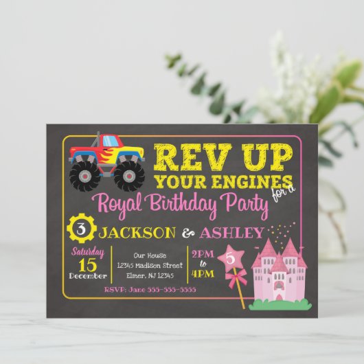 モンスタートラック及びプリンセスの共同誕生日の招待状 招待状 (スタンド正面)