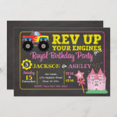 モンスタートラック及びプリンセスの共同誕生日の招待状 招待状 (正面/裏面)