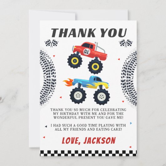 モンスタートラック好きの男の子の誕生日お礼カード サンキューカード (正面)