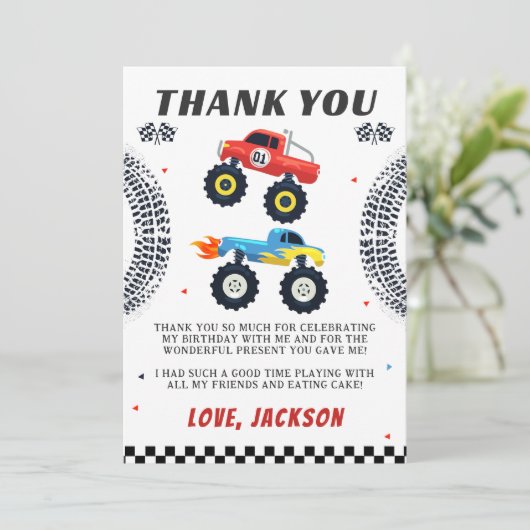 モンスタートラック好きの男の子の誕生日お礼カード サンキューカード (スタンド正面)