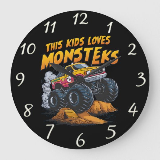 モンスタートラック威厳のあるが土の山を征服 ラージ壁時計 (正面)