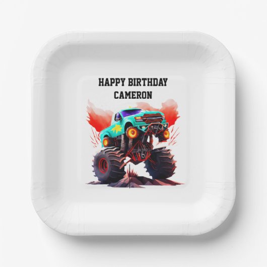 モンスタートラック子供の誕生日パーティの招待状 ペーパープレート (正面)