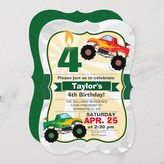 モンスタートラック少年の誕生日パーティー 招待状 (正面/裏面)
