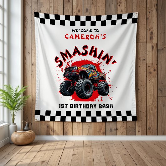モンスタートラック市松模様にーが1歳の誕生日へようこそ タペストリー