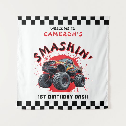 モンスタートラック市松模様にーが1歳の誕生日へようこそ タペストリー (正面)