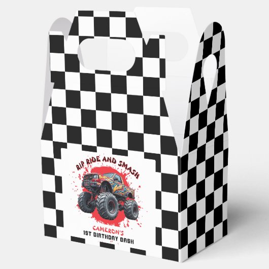 モンスタートラック市松模様にースマッシュ国旗1歳の誕生日 フェイバーボックス (オープン)