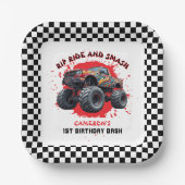 モンスタートラック市松模様にースマッシュ国旗1歳の誕生日 ペーパープレート (正面)