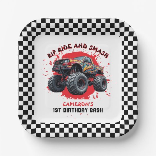 モンスタートラック市松模様にースマッシュ国旗1歳の誕生日 ペーパープレート (正面)