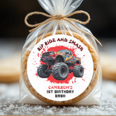 モンスタートラック市松模様にースマッシュ国旗1歳の誕生日 ラウンドシール