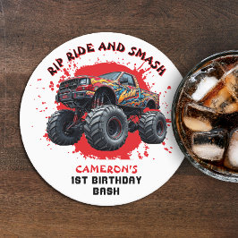 モンスタートラック市松模様にースマッシュ国旗1歳の誕生日 ラウンドペーパーコースター