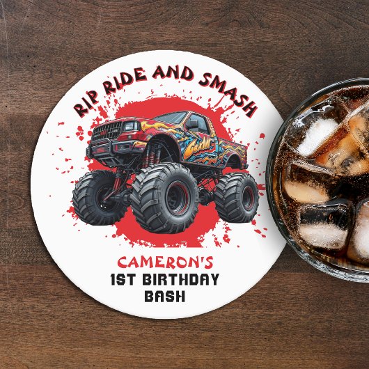 モンスタートラック市松模様にースマッシュ国旗1歳の誕生日 ラウンドペーパーコースター