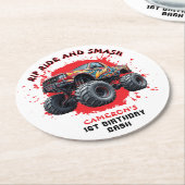 モンスタートラック市松模様にースマッシュ国旗1歳の誕生日 ラウンドペーパーコースター (アングル)