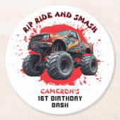 モンスタートラック市松模様にースマッシュ国旗1歳の誕生日 ラウンドペーパーコースター (正面)
