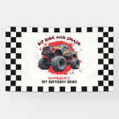 モンスタートラック市松模様にースマッシュ国旗1歳の誕生日 横断幕 (横)