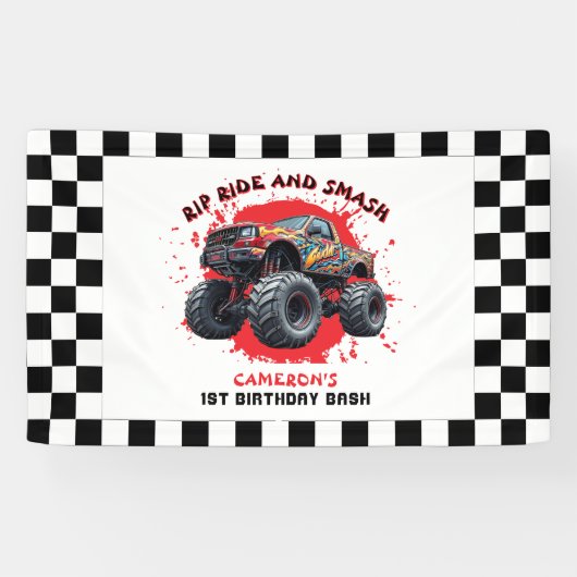 モンスタートラック市松模様にースマッシュ国旗1歳の誕生日 横断幕 (横)