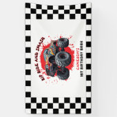 モンスタートラック市松模様にースマッシュ国旗1歳の誕生日 横断幕 (縦)