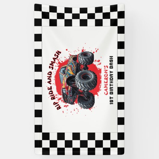 モンスタートラック市松模様にースマッシュ国旗1歳の誕生日 横断幕 (縦)