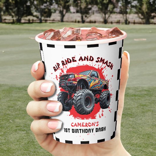 モンスタートラック市松模様にースマッシュ国旗1歳の誕生日 紙コップ