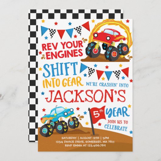 モンスタートラック招待状モンスタートラック誕生日 招待状 (正面/裏面)