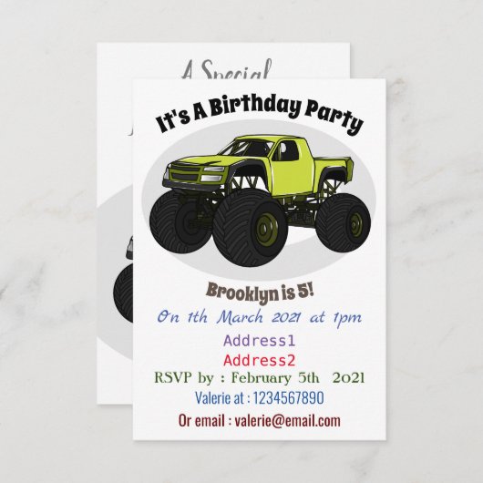 モンスタートラック漫画イラストレーション 招待状 (正面/裏面)