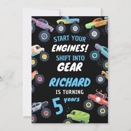 モンスタートラック誕生日アドベンチャー子供へおもしろい 招待状 (正面)