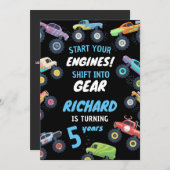 モンスタートラック誕生日アドベンチャー子供へおもしろい 招待状 (正面/裏面)