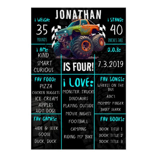 モンスタートラック誕生日パーティマイルストーンサイン ポスター (正面)