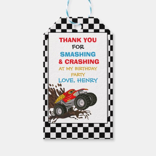 モンスタートラック誕生日パーティーの招待状 ギフトタグ (正面)
