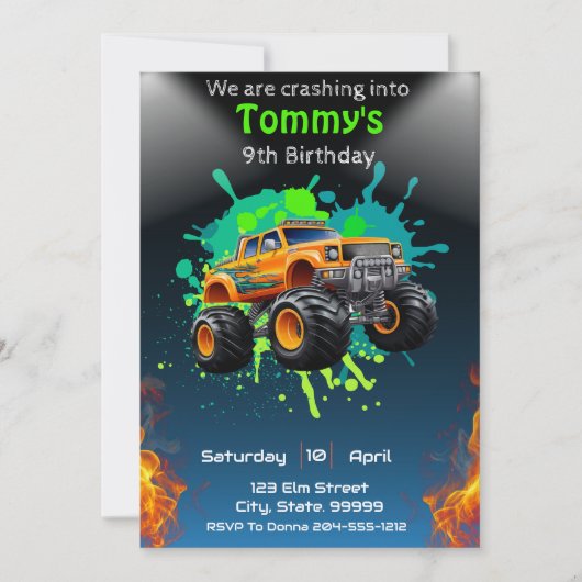 モンスタートラック誕生日パーティーの招待状 招待状 (正面)
