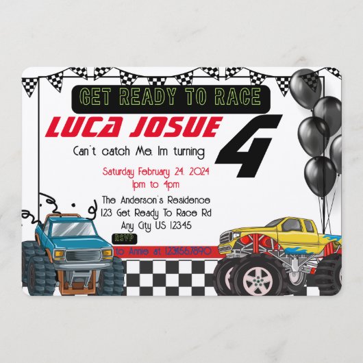 モンスタートラック誕生日パーティーの招待状 招待状 (正面)
