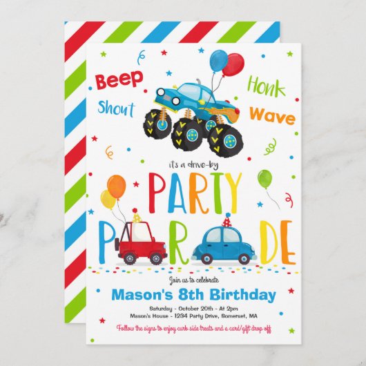 モンスタートラック誕生日パーティードライブバイ誕生日 招待状 (正面/裏面)