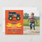 モンスタートラック誕生日パーティー炎の大きな写真 招待状 (正面)