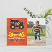 モンスタートラック誕生日パーティー炎の大きな写真 招待状 (スタンド正面)