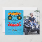 モンスタートラック誕生日パーティー炎ビッグフォトブルー 招待状 (正面)